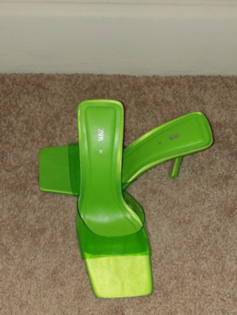 ZARA HIGH HEELED VINYL MULE, LIME GREEN